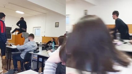 'Boy falls on his bum after failing at jumping over friend's shoulders '