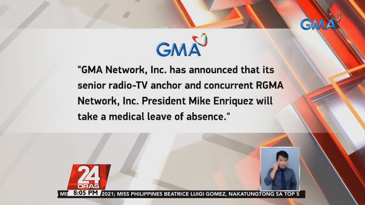Naka-leave para sa isang medical procedure si GMA News pillar at 24 Oras anchor Mike Enriquez, ayon sa GMA Network Inc. | 24 Oras