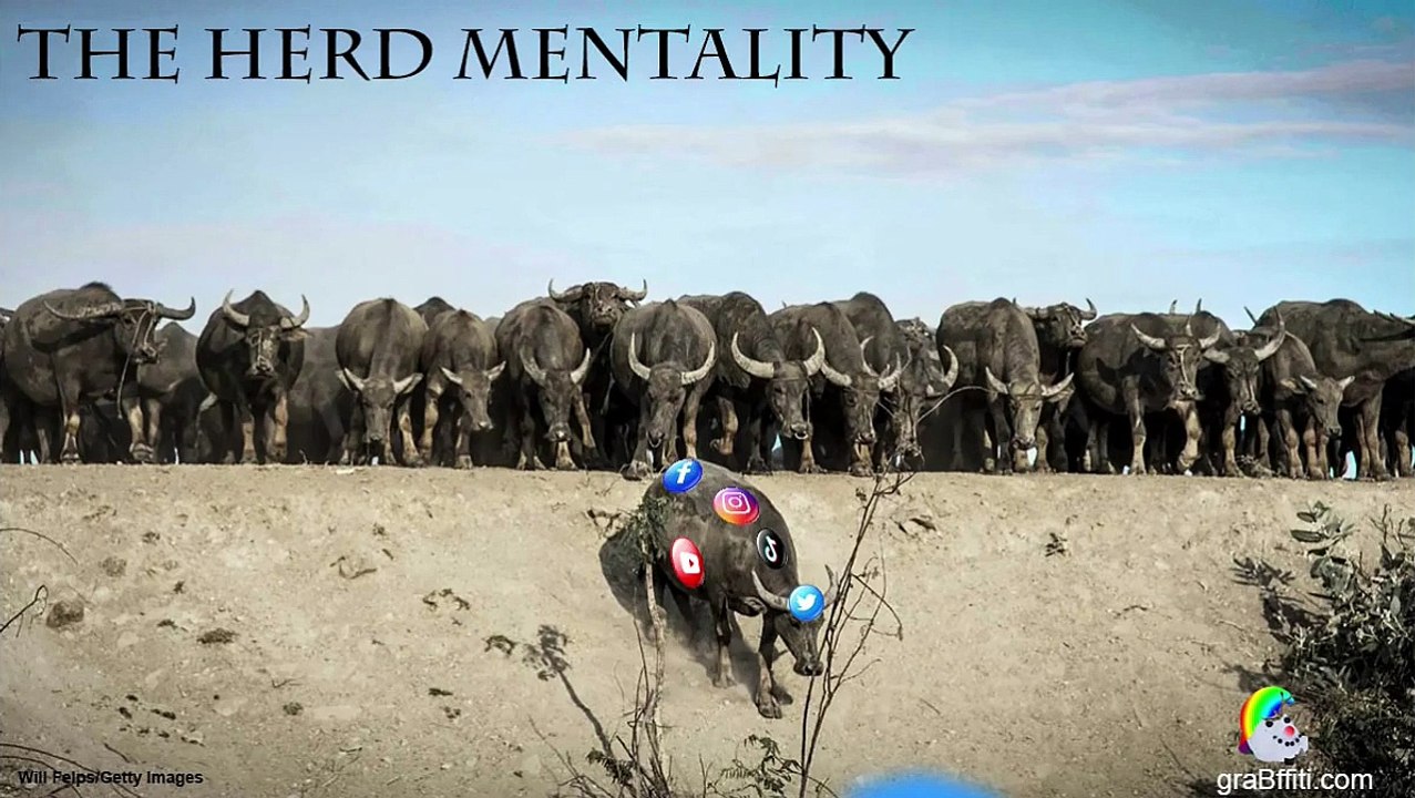 0132 _ Herd Mentality _ grabffiti _ satire-social-media-addiction-bias-smart-phone-dependance-twitter-instagram-youtube-tiktok-facebook-Mark Zuckerberg-Meta