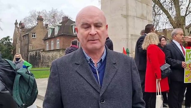 'Grinch Shapps': RMT Union general secretary Mick Lynch speaks at a protest against South West Rail cuts outside Parliament