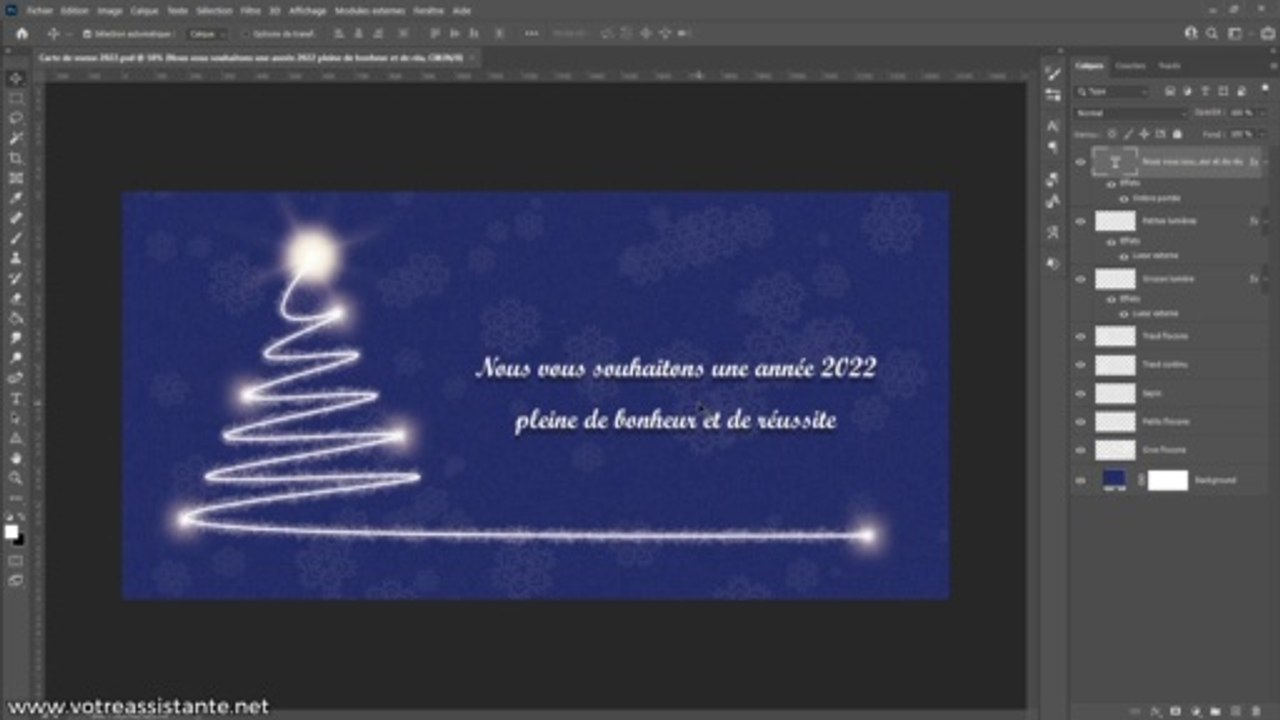Comment créer une carte de vœux sur Photoshop avec un effet de sapin de Noël lumineux ?