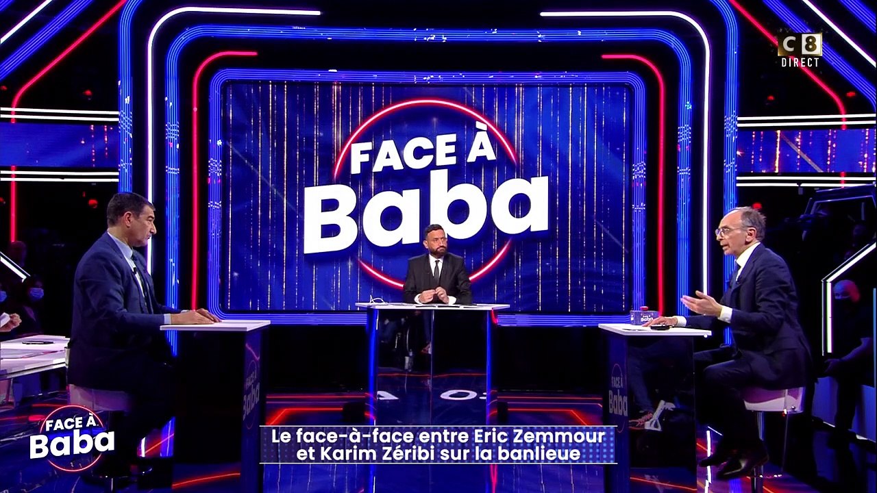 Extrait de l'émission "Face à Baba" avec Eric Zemmour en invité principal. Il a notamment été interrogé par Karim Zeribi et en arrière-plan, on peut distinguer les expressions faciales de la conseillère du candidat à la présidence, Sarah Knafo