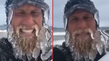 Tir tir titreyen adamın saniyeler içerisinde sakalları dondu! İşte 3 milyon izlenen video