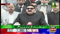 Sheikh Rasheed speaks to media at Quaid's mausoleum