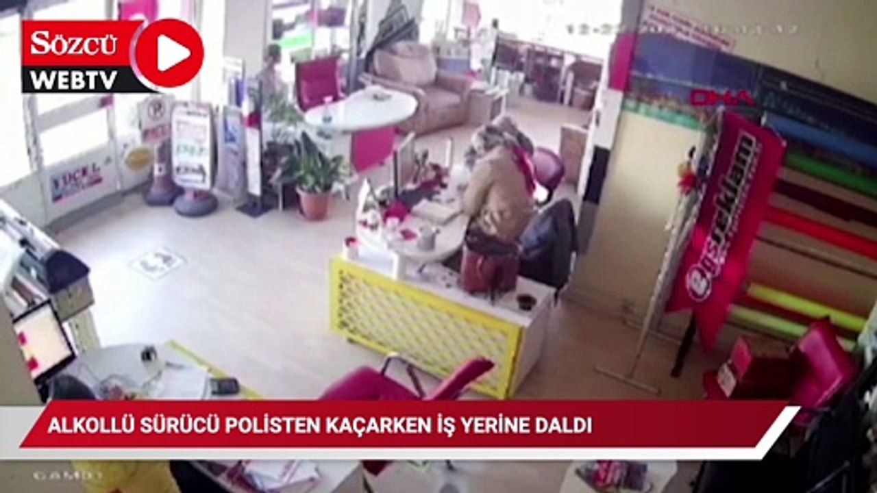 Alkollü sürücü polisten kaçarken iş yerine daldı