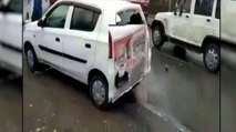 SP workers pelted stones at car with BJP poster, video viral