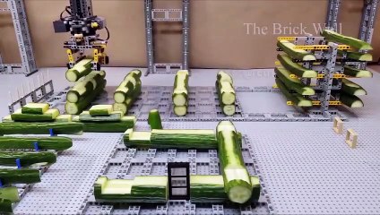 Un homme fait une maquette de maison avec des lego et des concombres