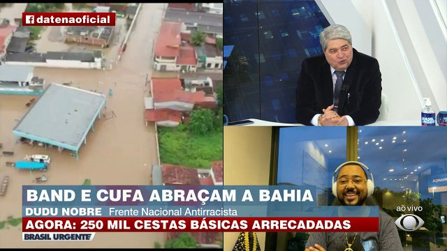 O cantor Dudu Nobre, representando a Frente Nacional Antirracista, falou sobre a campanha Banda, Cufa e FNA abraçam a Bahia. Ele agradeceu todas as doações.
