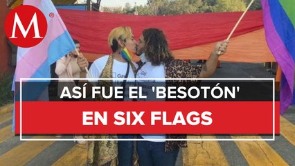 Con 'besotón', comunidad LGBT protesta frente a Six Flags por discriminación a pareja gay