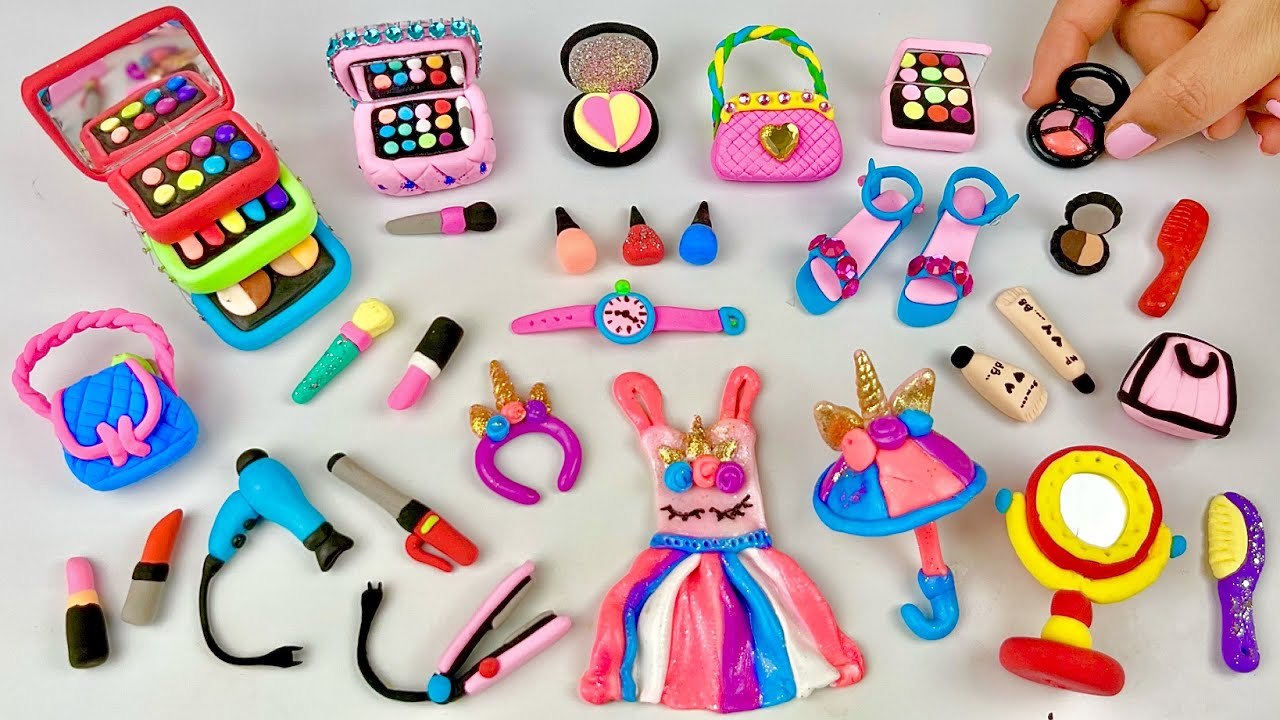 DIY How to Make Polymer Clay Miniature Makeup Set with Unicorn Dress, Eyeshadow, Lipstick - Dolliyon