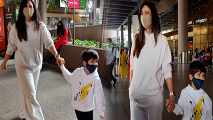 Shweta Tiwari Mumbai airport पर बेटे Reyaansh के साथ लगी भागने; Watch video | FilmiBeat