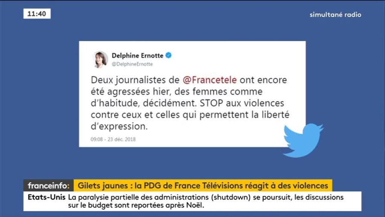 Gilets jaunes : Delphine Ernotte demande l'arrêt des agressions contre les journalistes