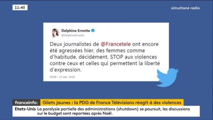 Gilets jaunes : Delphine Ernotte demande l'arrêt des agressions contre les journalistes
