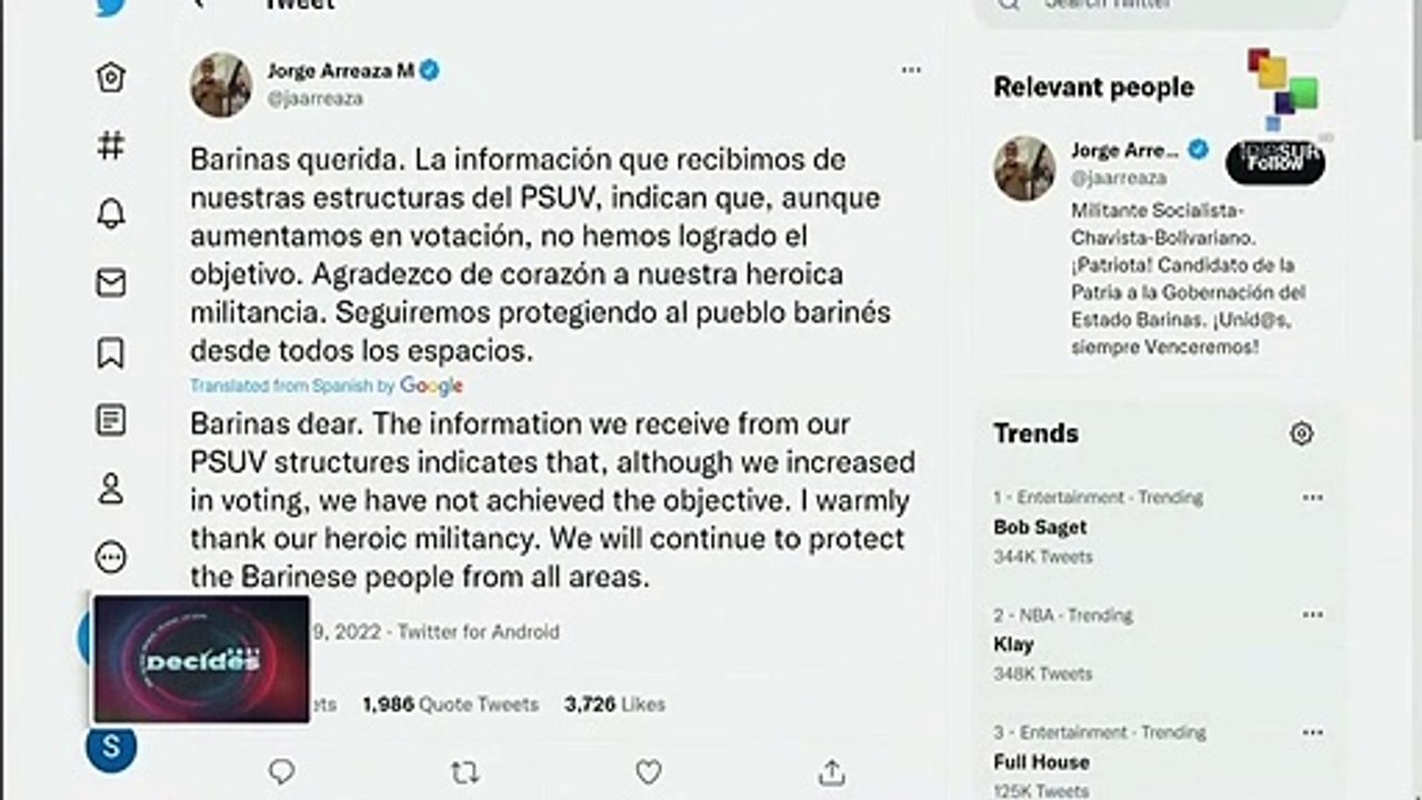 Jorge Arreaza recognizes opposition victory in Barinas elections