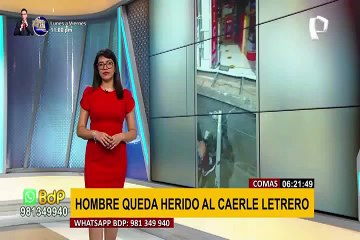 Comas: joven quedó herido al caerle enorme letrero y trabajadora justifica que sismo lo aflojó