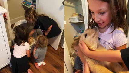 'Sibling trio overwhelmed with joy after meeting their new puppy for the first time'