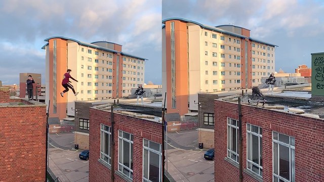 'Parkour expert ends up in a puddle right after performing INSANE roof jump '