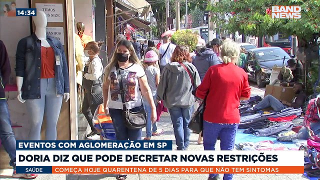 O governador de São Paulo João Doria afirmou que novas restrições para eventos com aglomeração podem ser decretadas a partir de amanhã (12).Saiba mais em youtube.com.br/bandjornalismo