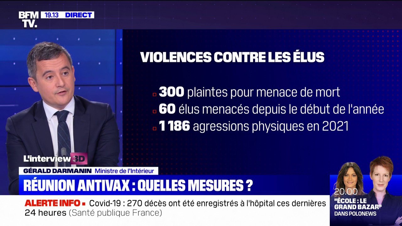 Gérald Darmanin: "On peut penser que c'est trois-quarts des plaintes déposées" par des élus qui sont liées à des agressions de la part des antivax