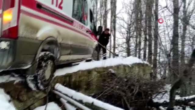 Hasta almaya giden ambulans köprüde kaldı, yardımına köylüler yetişti