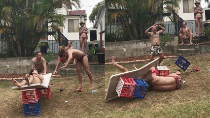 'Tipsy guy SPLATS down onto the ground after messing up a high-flying WWE move'