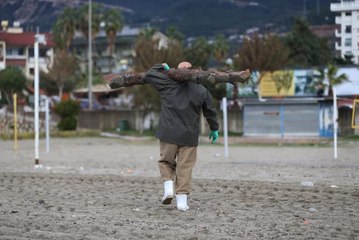 Alanya'da sağanakla derelerden denize taşınan odun ve kütükler kıyıya vurdu