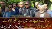 Federal Minister Ali Zaidi and others talk to media