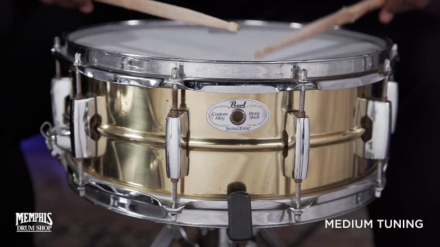 1997 - 2006 Pearl 5x14 10-Lugged SensiTone Custom Alloy Beaded Yellow Brass Metal Snare Drum [Memphis Drum Shop]