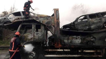 TEM&#039;de tır ve taşıdığı 4 araç küle döndü