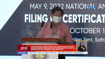 Petisyon ng grupo nina Fr. Christian Buenafe para kanselahin ang COC ni Bongbong Marcos, ibinasura ng Comelec 2nd Division | UB