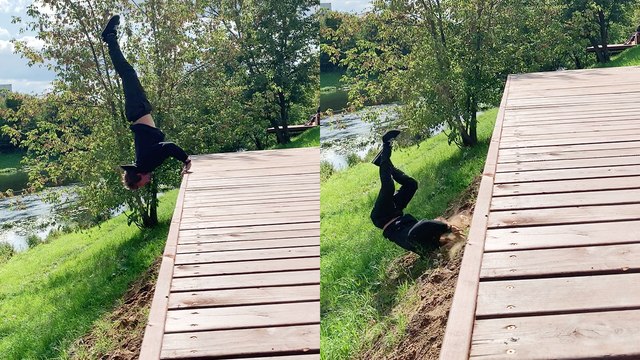 'Man almost breaks his neck trying to do a forward roll down an embankment '