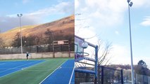 'Wales girl pulls off insane football   basketball trick shot on tennis court'