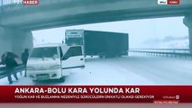 Karlı yolda kayan TIR, muhabir haber sunarken TRT ekibinin üzerine doğru geldi