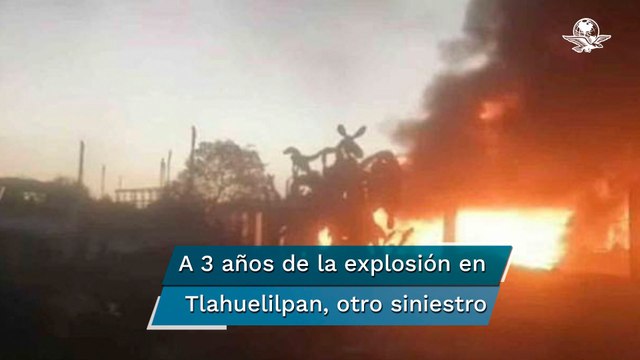 Quedan calcinadas dos camionetas de huachicoleros tras explosión de toma clandestina en Hidalgo