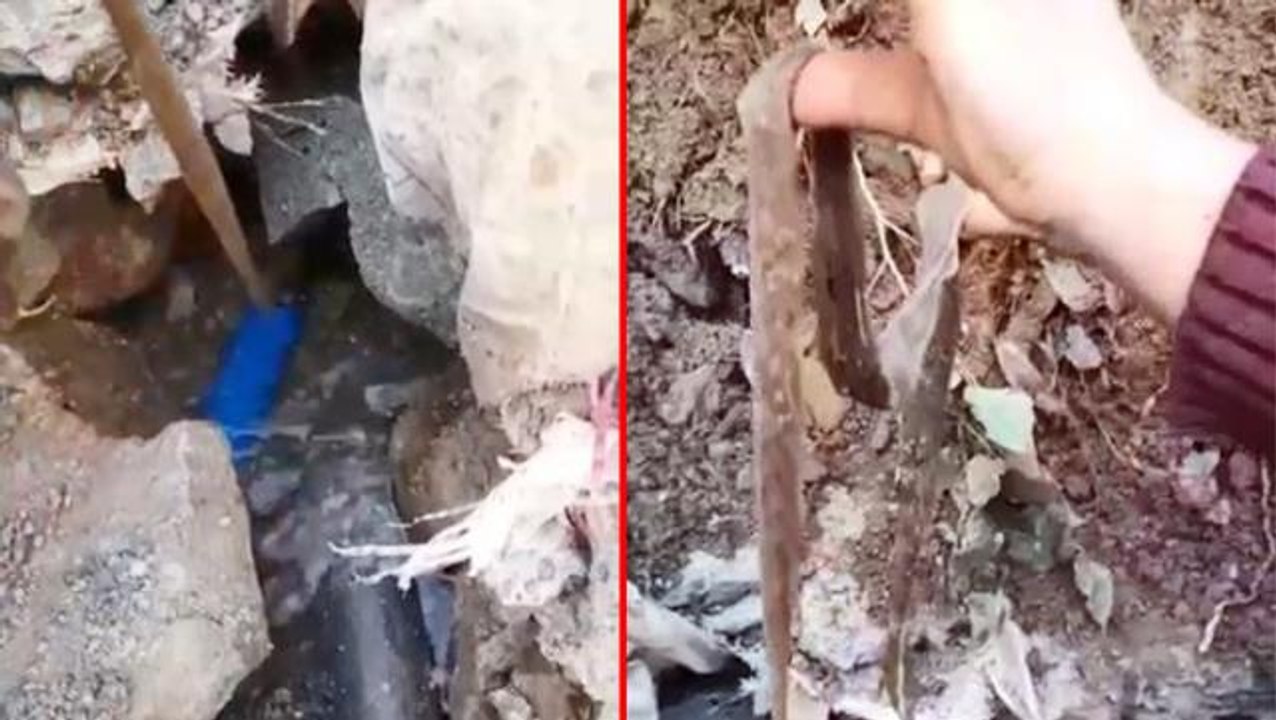 İçme suyu şebekesindeki arızanın kaynağına giden köylüler, boruda 1 metrelik yılan derisi buldu