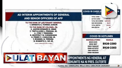 Download Video: Kumpirmasyon ng ad interim appointments ng heneral at ilang senior officers ng AFP, isinumite na ni Pres. Duterte sa CA; Nominasyon ng isang Commissioner ng COA, isinumite na rin