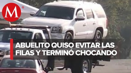 En Tamaulipas un adulto mayor destruye entrada chocando su camioneta no quería hacer fila