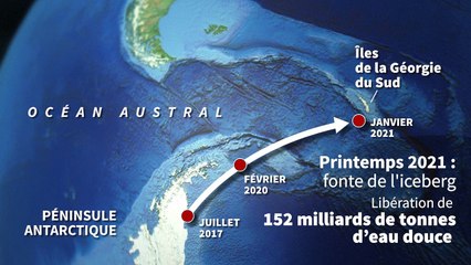 Dérive de l'iceberg géant A-68 dans l'océan Austral