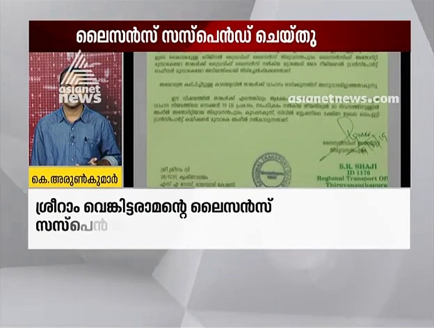 ശ്രീറാം വെങ്കിട്ടരാമന്റെ ലൈസന്‍സ് ഒരു വര്‍ഷത്തേക്ക് സസ്‌പെന്‍ഡ് ചെയ്തു