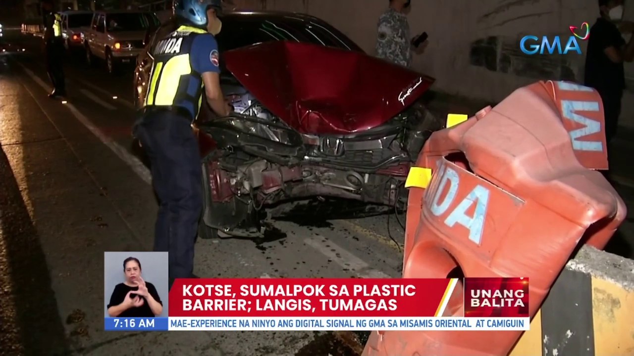 Kotse, sumalpok sa plastic barrier; langis, tumagas sa daan | UB
