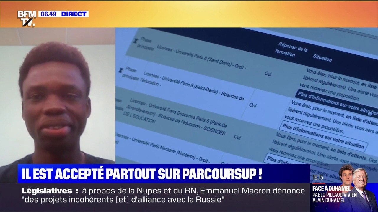 Un jeune migrant congolais qui a vu ses 25 vœux acceptés sur Parcoursup témoigne sur BFMTV