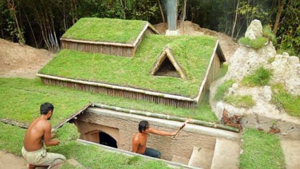Building underground hut with grass roof & fireplace with clay | Now 2022
