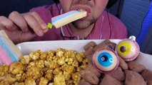 ASMR EATING SWEET FOOD | GUMMY EYES JELLY TROLLI GLOTZER + CARAMEL POPCORN + MARSHMALLOW. NO TALKING