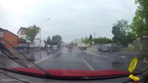 red Suzuki SUV cuts an old Cargo Truck right before Pedestrian Crossing ( censored )