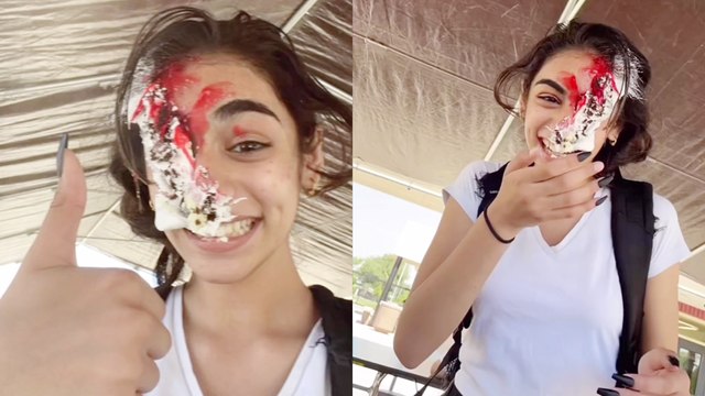 'Girl gets her face shoved in a cake brought by her friends for a VERY INTERESTING reason '