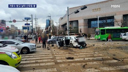 브레이크 고장?…가로수 받고 날아올라 신호등까지 '쾅'