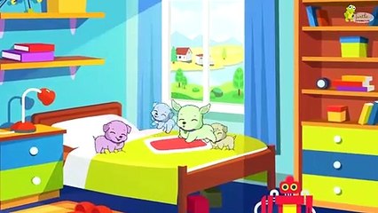 Five Little puppies jumping on the bed