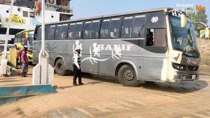 Hanif Bus and Unloading in Daulatdia Paturia Ferry Ghat in Bangladesh