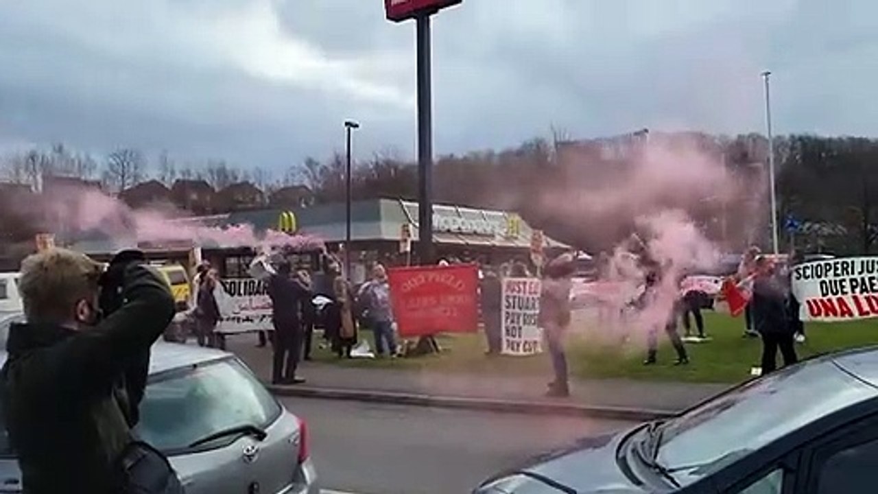 IWGB Couriers Sheffield - "Yesterday's McDonald's shut down. Couriers and supporters closed the drive thru. If key clients of Stuart Delivery want to hit our incomes with pay cuts it's only fair we return the favour" (Twitter - @SYorksCouriers)