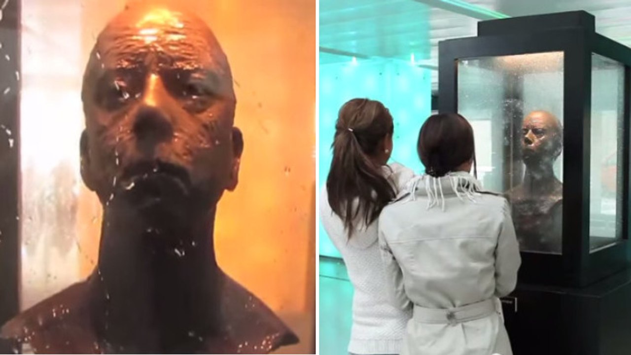 Der Künstler warnt mit einem Schild: Nicht in die Augen schauen!